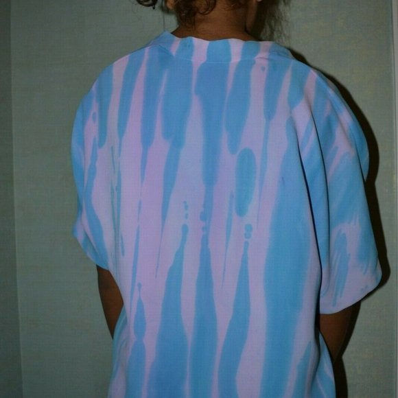 New painted Silk Vince shirt popover blouse dolman caftan top pink blue striped - Picture 10 of 13